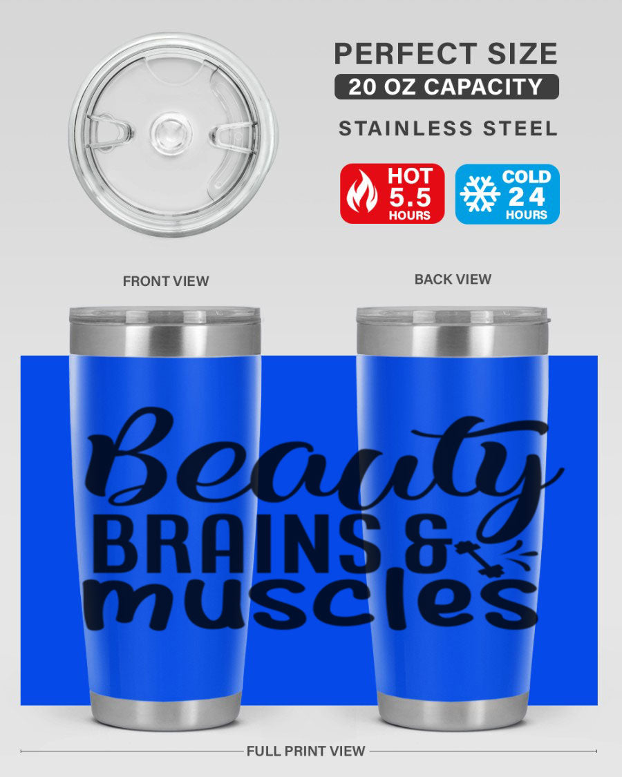 Beauty Brains Muscles 51# Gym Tumbler in stainless steel with a motivational design, perfect for hot and cold beverages.