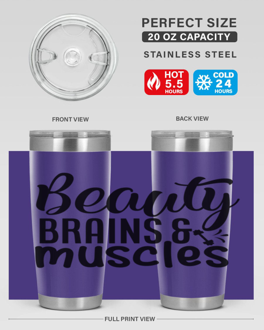 Beauty Brains Muscles 51# Gym Tumbler in stainless steel with a motivational design, perfect for hot and cold beverages.