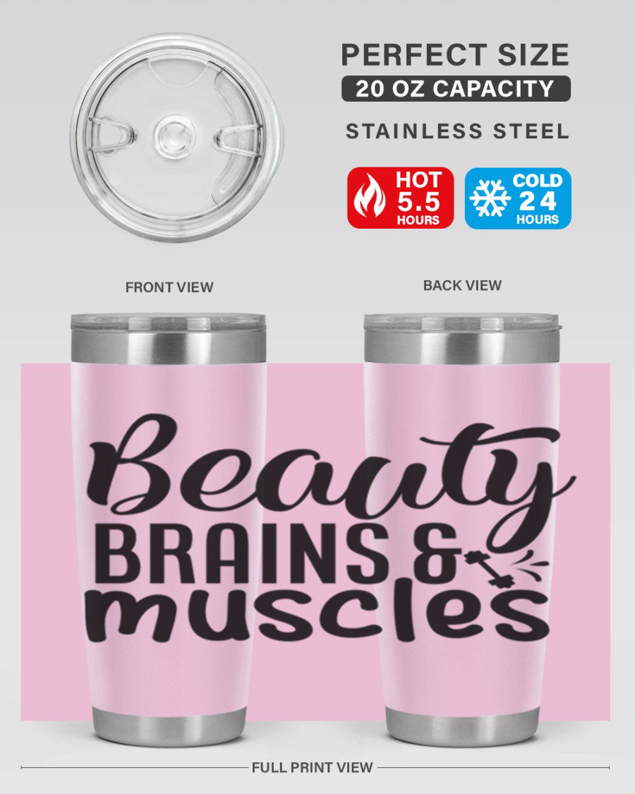 Beauty Brains Muscles 51# Gym Tumbler in stainless steel with a motivational design, perfect for hot and cold beverages.