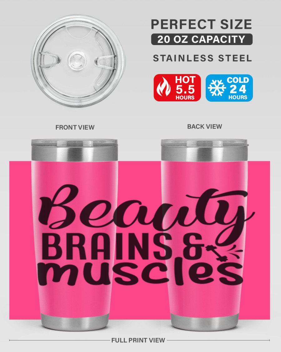 Beauty Brains Muscles 51# Gym Tumbler in stainless steel with a motivational design, perfect for hot and cold beverages.
