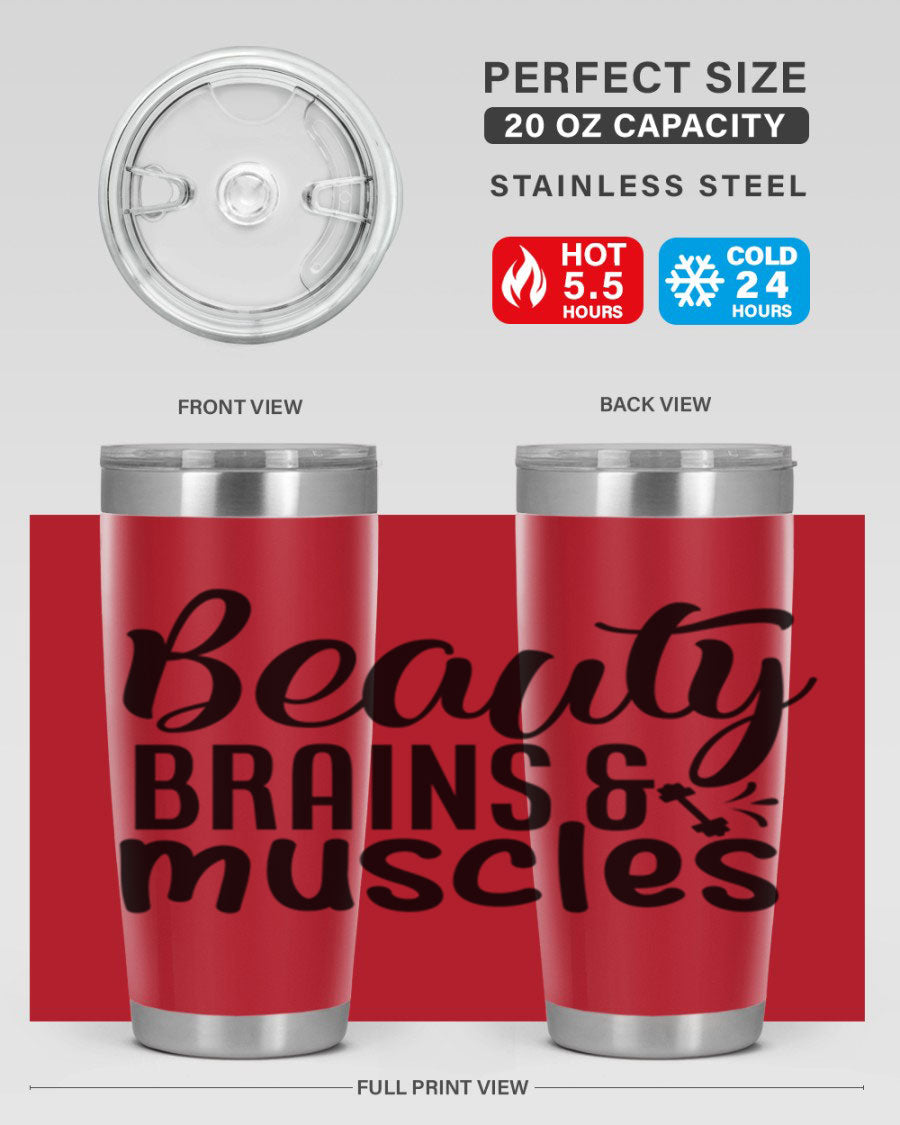 Beauty Brains Muscles 51# Gym Tumbler in stainless steel with a motivational design, perfect for hot and cold beverages.