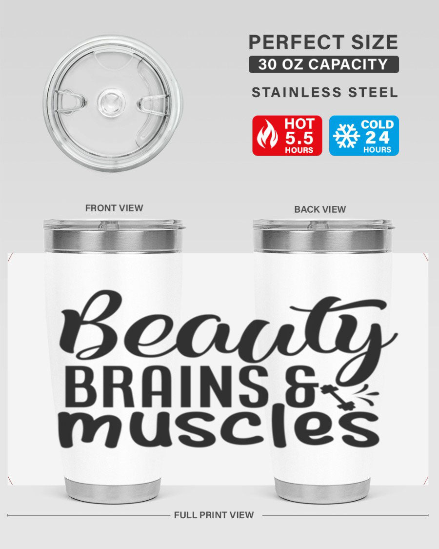 Beauty Brains Muscles 51# Gym Tumbler in stainless steel with a motivational design, perfect for hot and cold beverages.