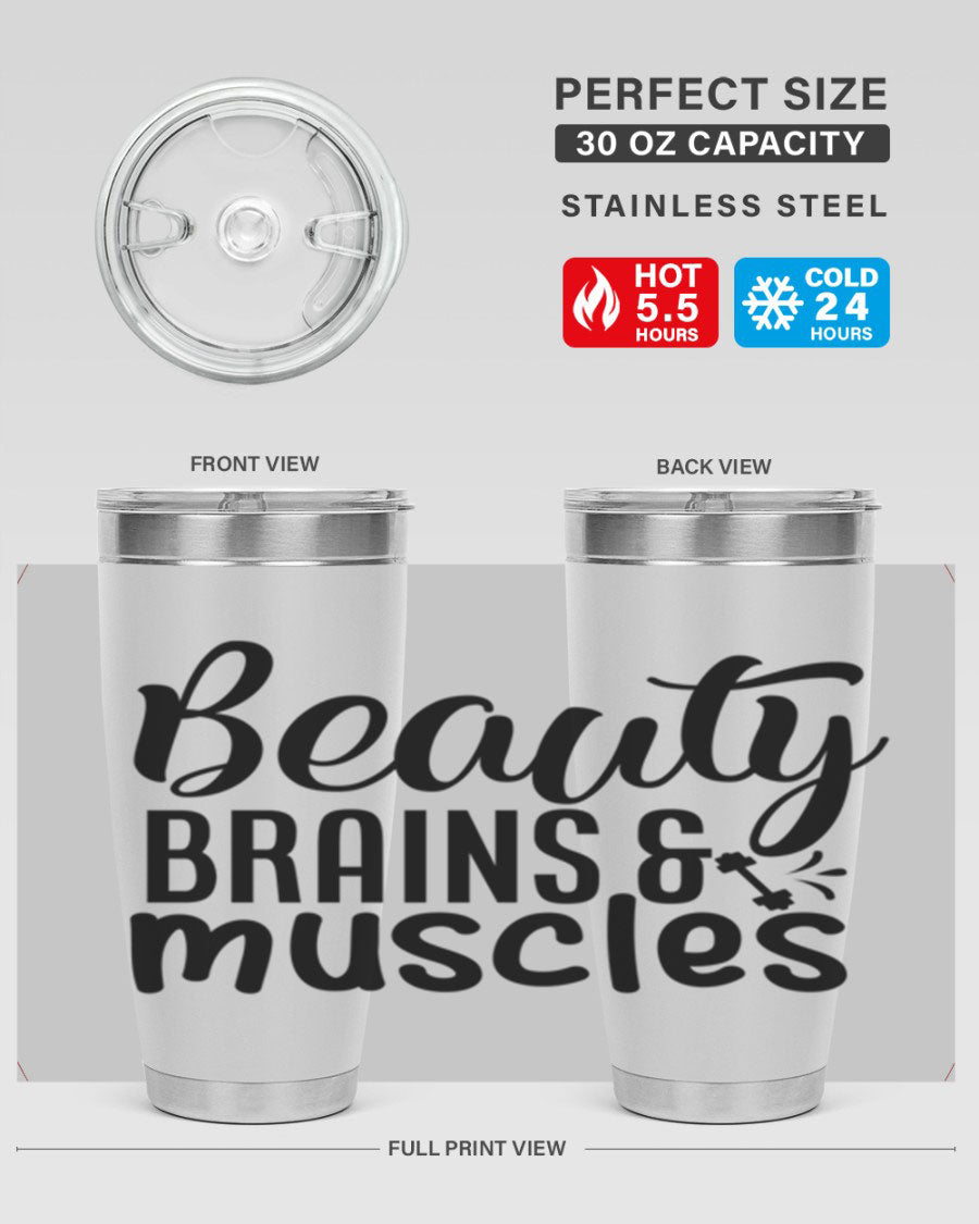 Beauty Brains Muscles 51# Gym Tumbler in stainless steel with a motivational design, perfect for hot and cold beverages.