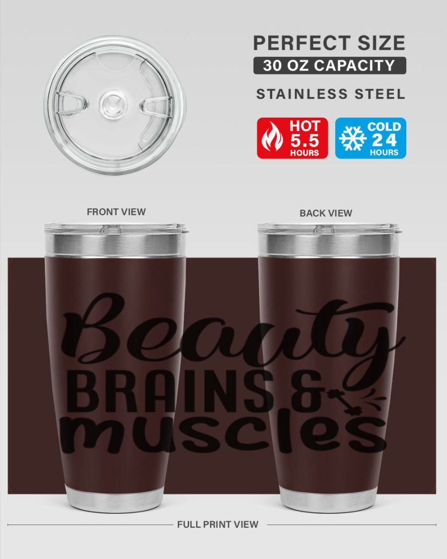 Beauty Brains Muscles 51# Gym Tumbler in stainless steel with a motivational design, perfect for hot and cold beverages.