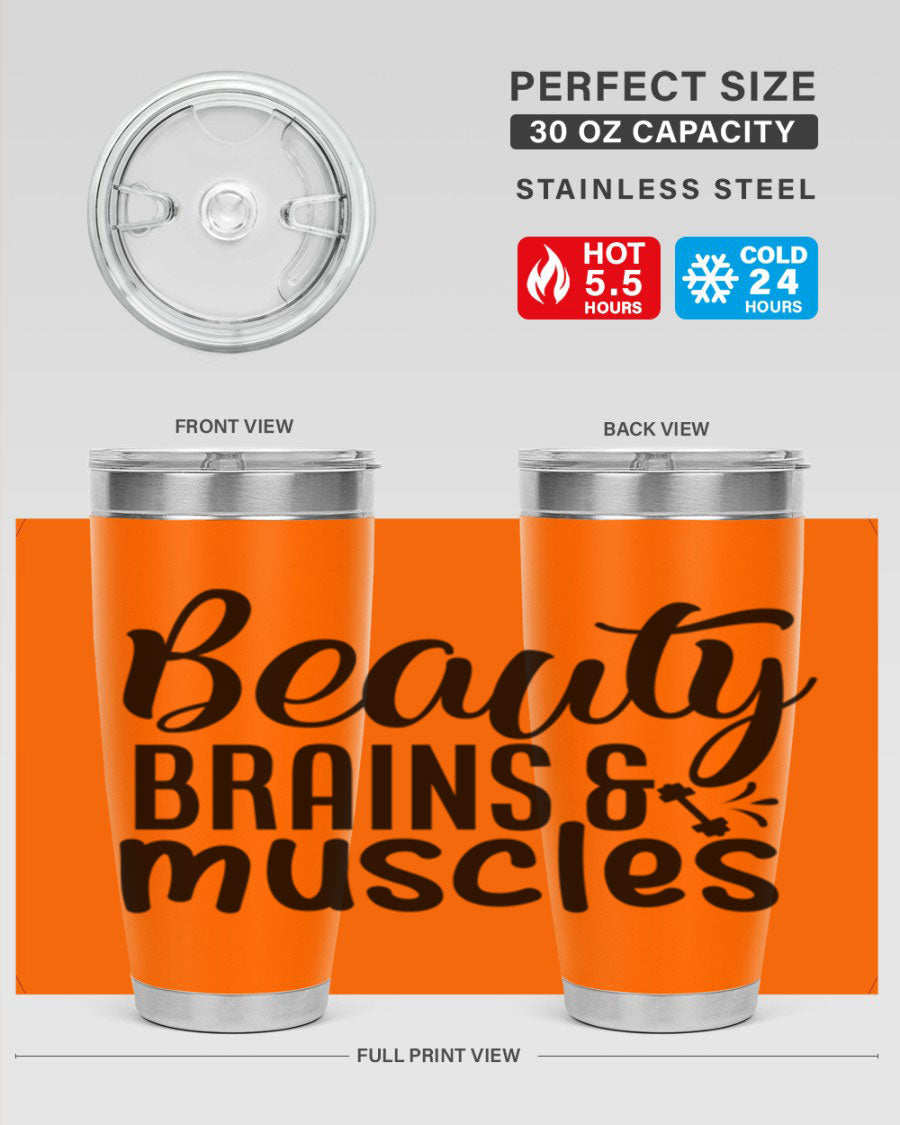 Beauty Brains Muscles 51# Gym Tumbler in stainless steel with a motivational design, perfect for hot and cold beverages.