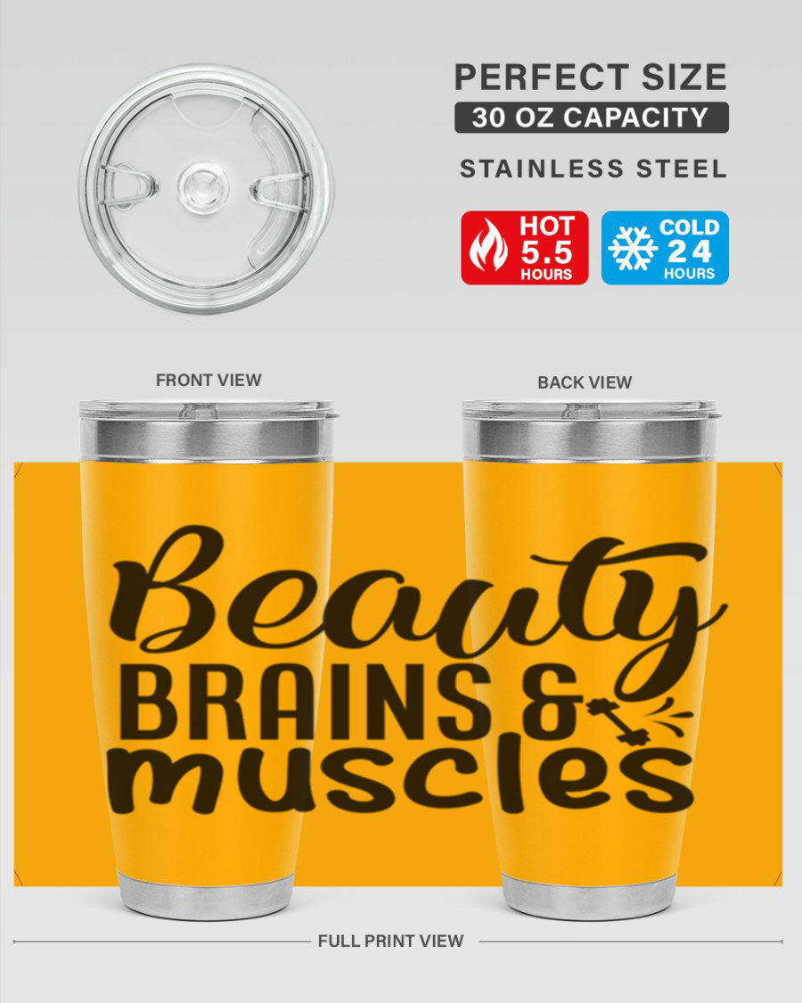 Beauty Brains Muscles 51# Gym Tumbler in stainless steel with a motivational design, perfect for hot and cold beverages.