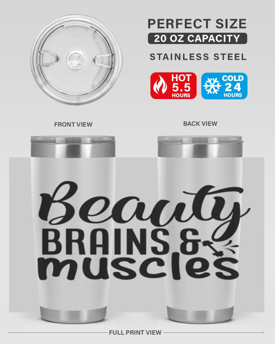 Beauty Brains Muscles 51# Gym Tumbler in stainless steel with a motivational design, perfect for hot and cold beverages.