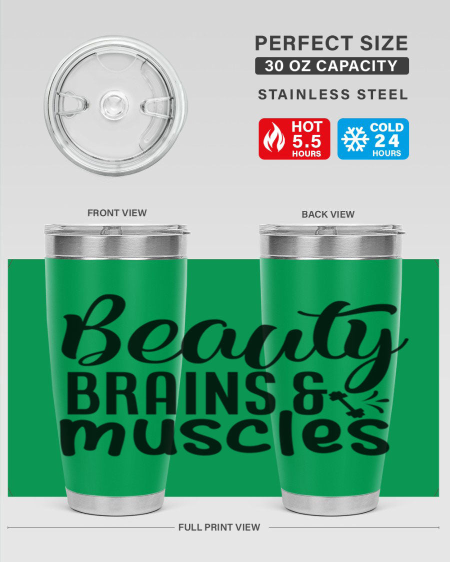 Beauty Brains Muscles 51# Gym Tumbler in stainless steel with a motivational design, perfect for hot and cold beverages.