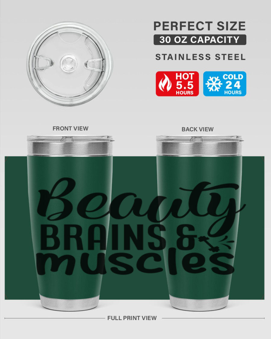 Beauty Brains Muscles 51# Gym Tumbler in stainless steel with a motivational design, perfect for hot and cold beverages.