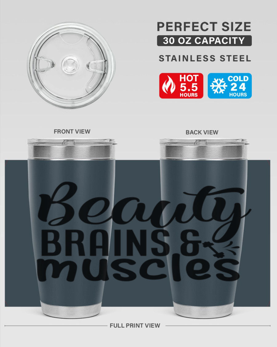 Beauty Brains Muscles 51# Gym Tumbler in stainless steel with a motivational design, perfect for hot and cold beverages.