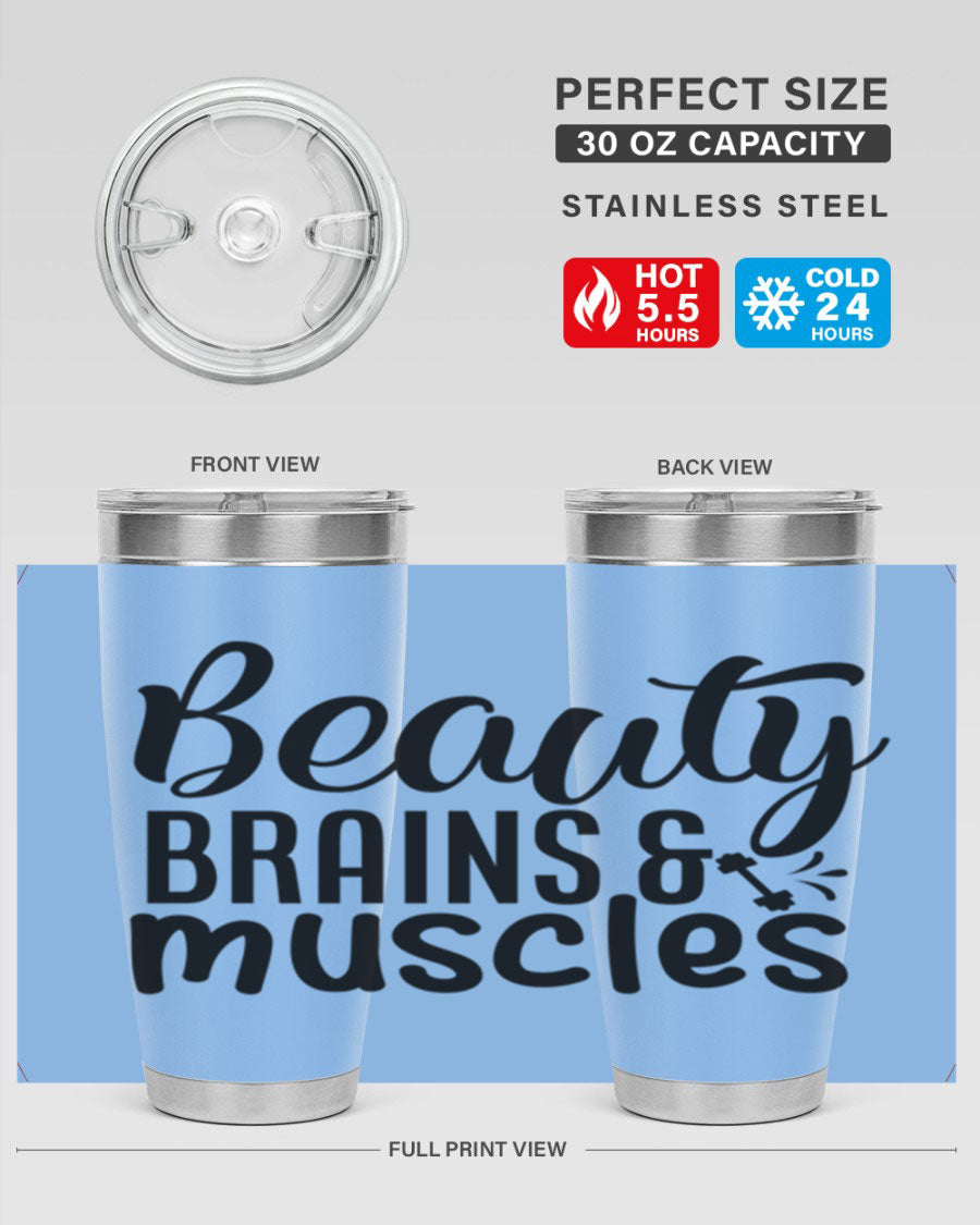 Beauty Brains Muscles 51# Gym Tumbler in stainless steel with a motivational design, perfect for hot and cold beverages.