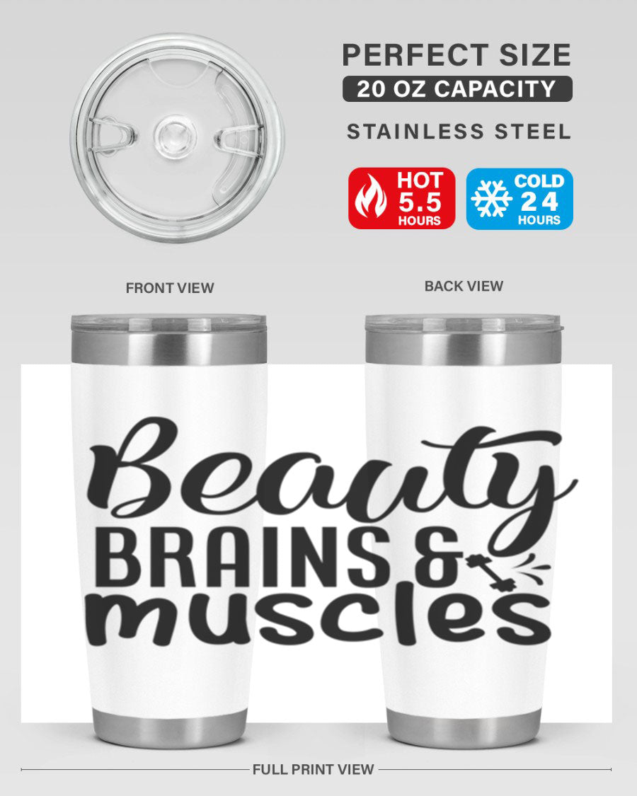 Beauty Brains Muscles 51# Gym Tumbler in stainless steel with a motivational design, perfect for hot and cold beverages.