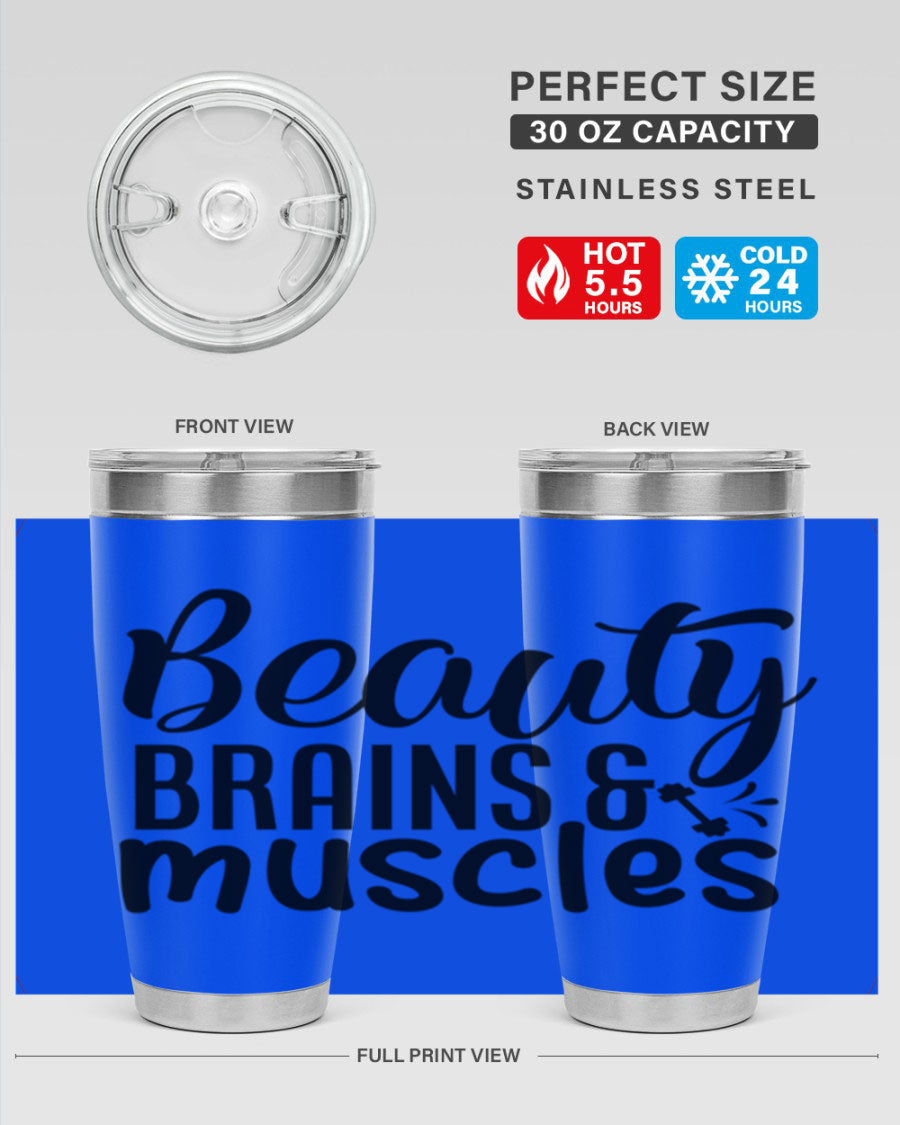 Beauty Brains Muscles 51# Gym Tumbler in stainless steel with a motivational design, perfect for hot and cold beverages.