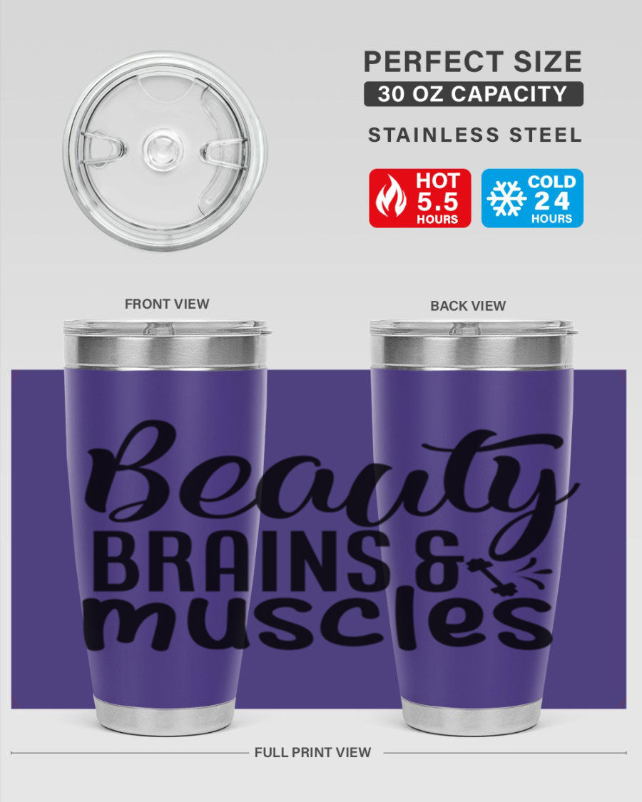 Beauty Brains Muscles 51# Gym Tumbler in stainless steel with a motivational design, perfect for hot and cold beverages.