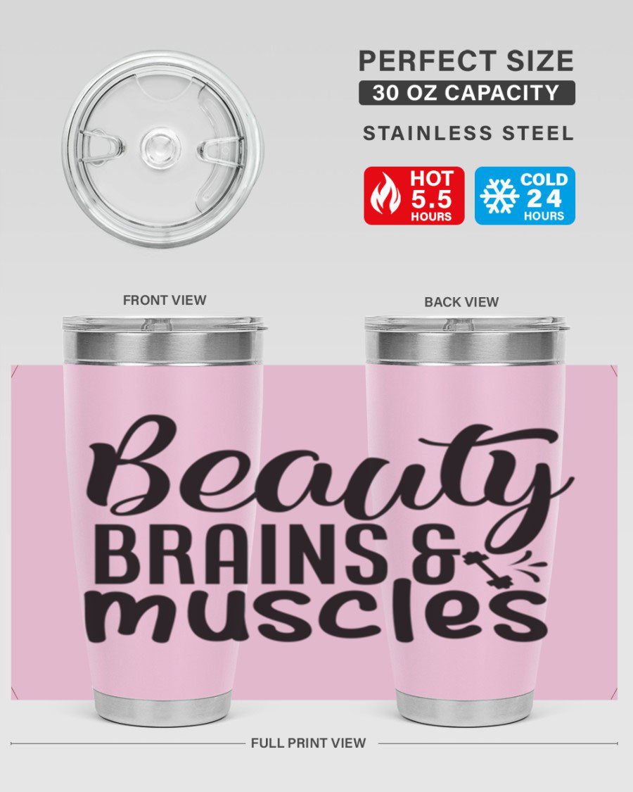 Beauty Brains Muscles 51# Gym Tumbler in stainless steel with a motivational design, perfect for hot and cold beverages.