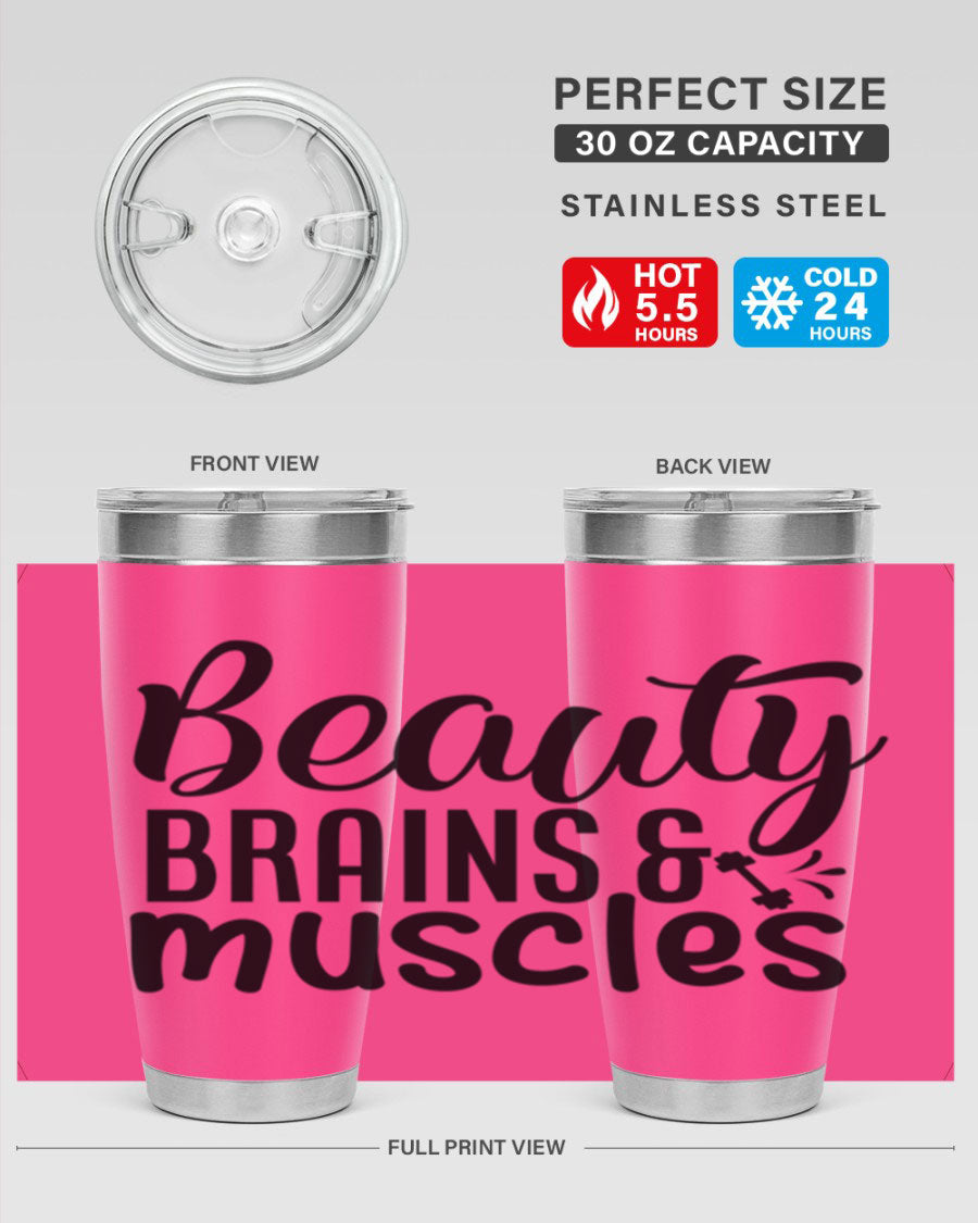 Beauty Brains Muscles 51# Gym Tumbler in stainless steel with a motivational design, perfect for hot and cold beverages.