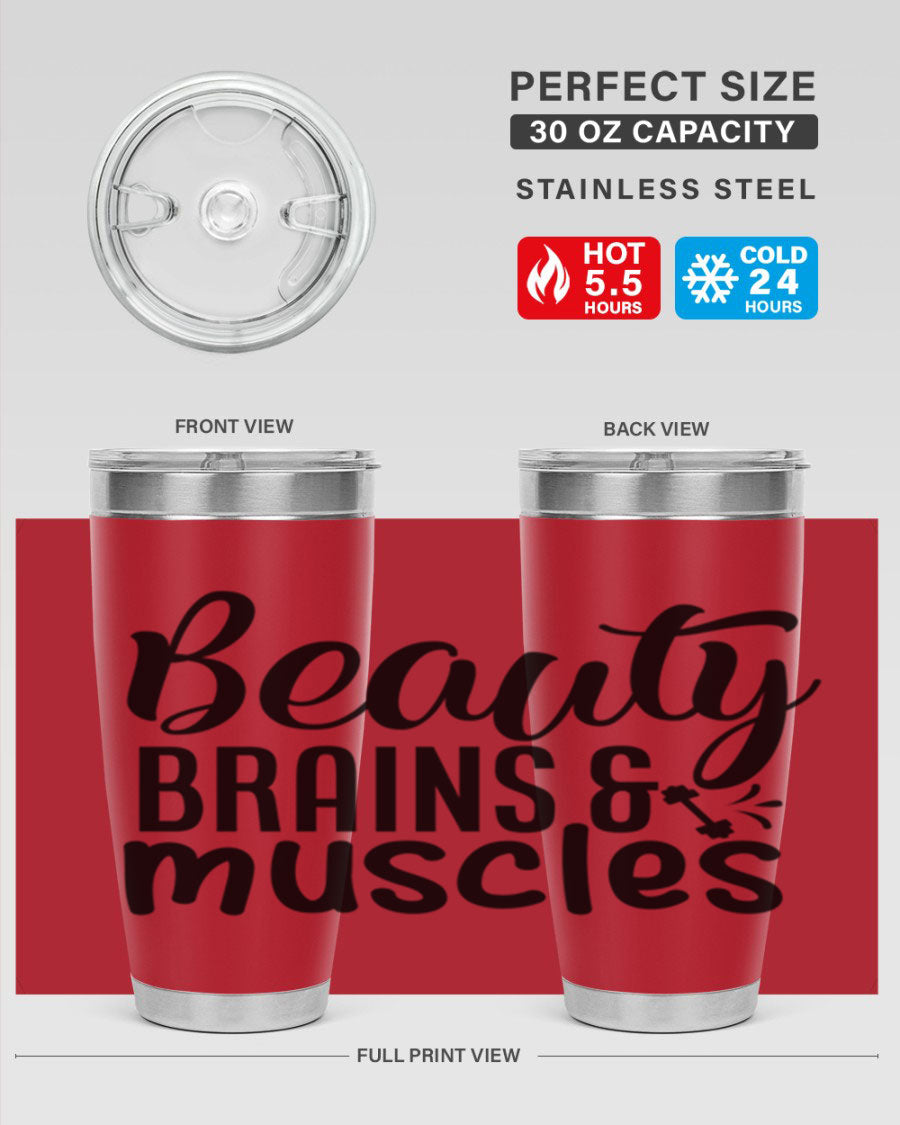 Beauty Brains Muscles 51# Gym Tumbler in stainless steel with a motivational design, perfect for hot and cold beverages.