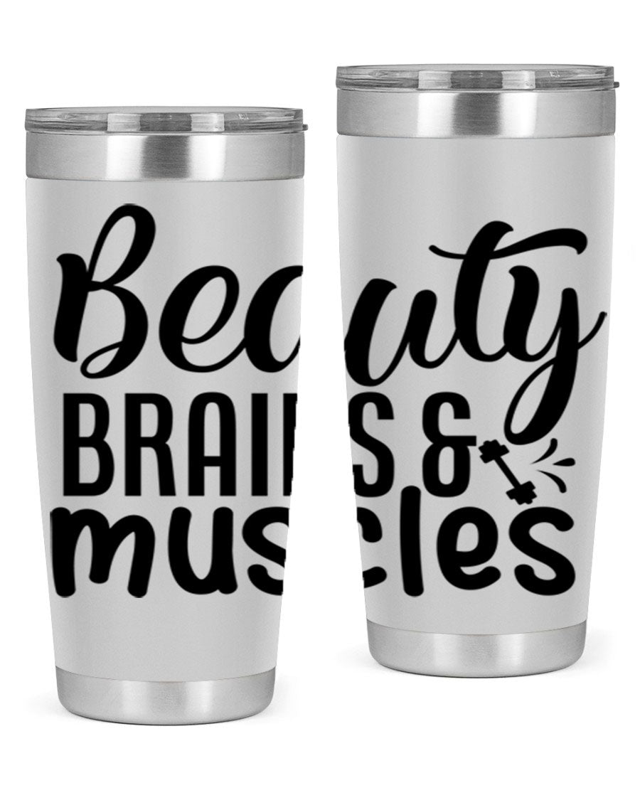Beauty Brains Muscles 51# Gym Tumbler in stainless steel with a motivational design, perfect for hot and cold beverages.