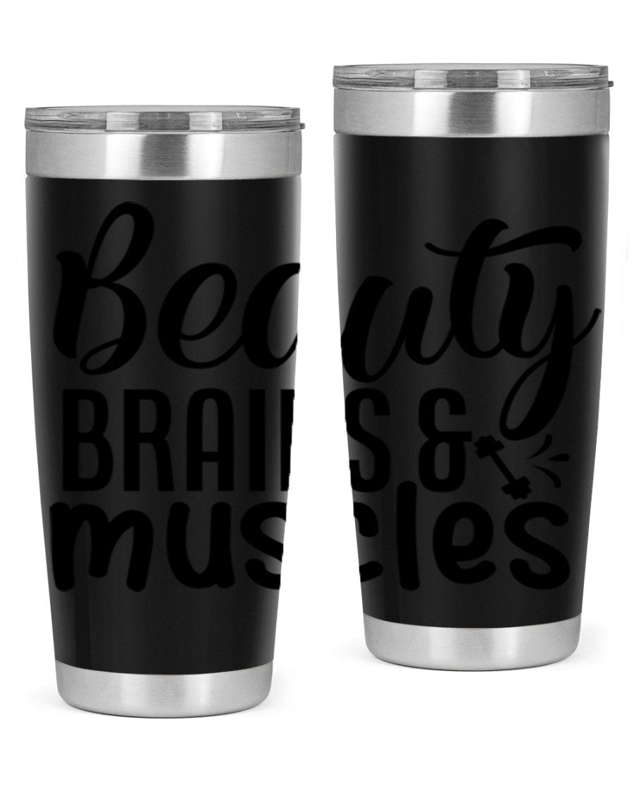 Beauty Brains Muscles 51# Gym Tumbler in stainless steel with a motivational design, perfect for hot and cold beverages.