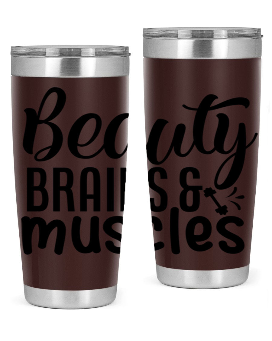 Beauty Brains Muscles 51# Gym Tumbler in stainless steel with a motivational design, perfect for hot and cold beverages.