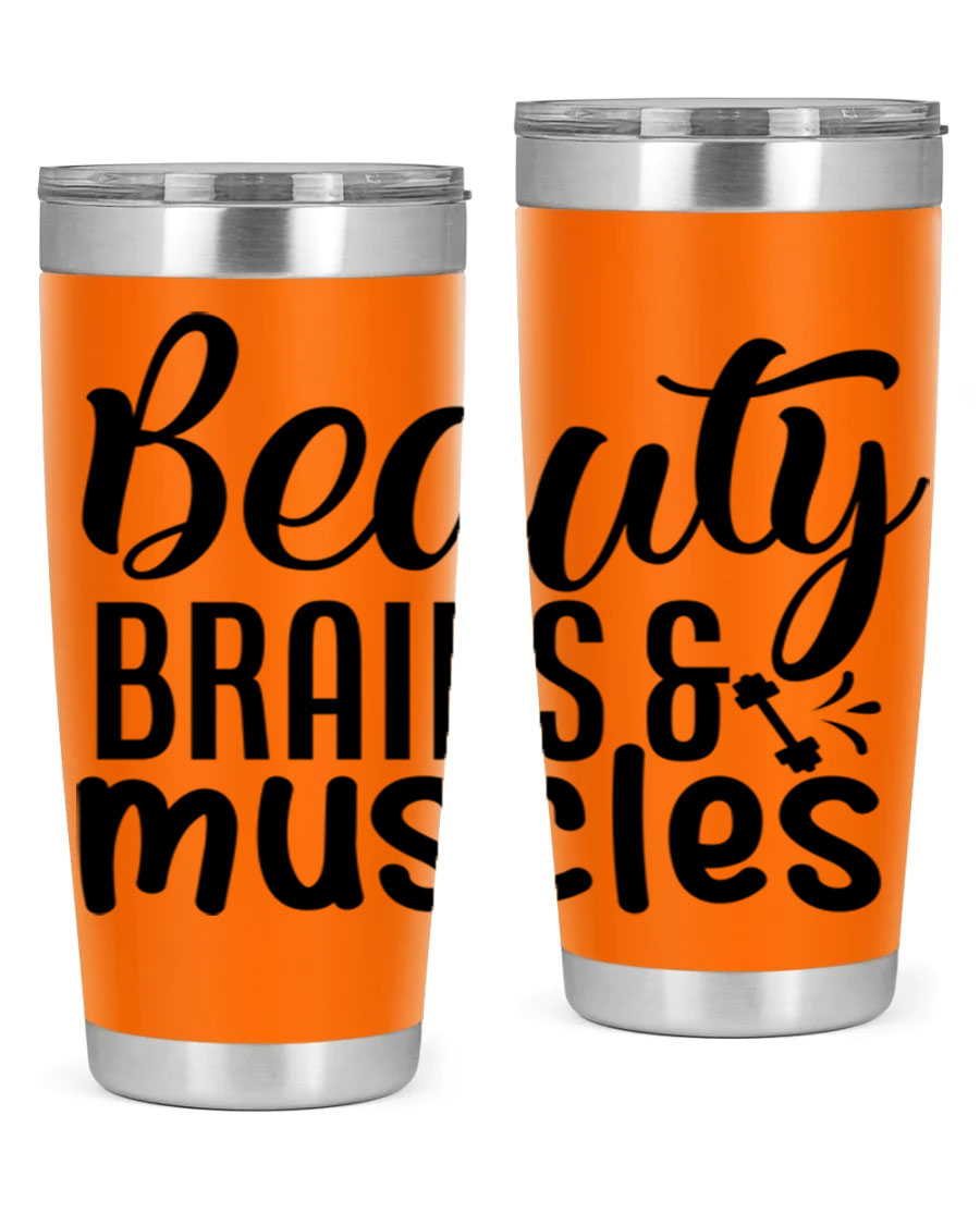 Beauty Brains Muscles 51# Gym Tumbler in stainless steel with a motivational design, perfect for hot and cold beverages.