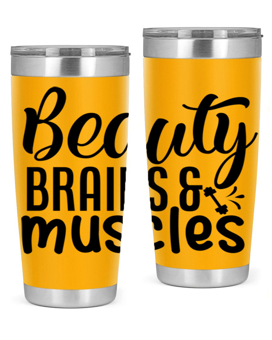 Beauty Brains Muscles 51# Gym Tumbler in stainless steel with a motivational design, perfect for hot and cold beverages.