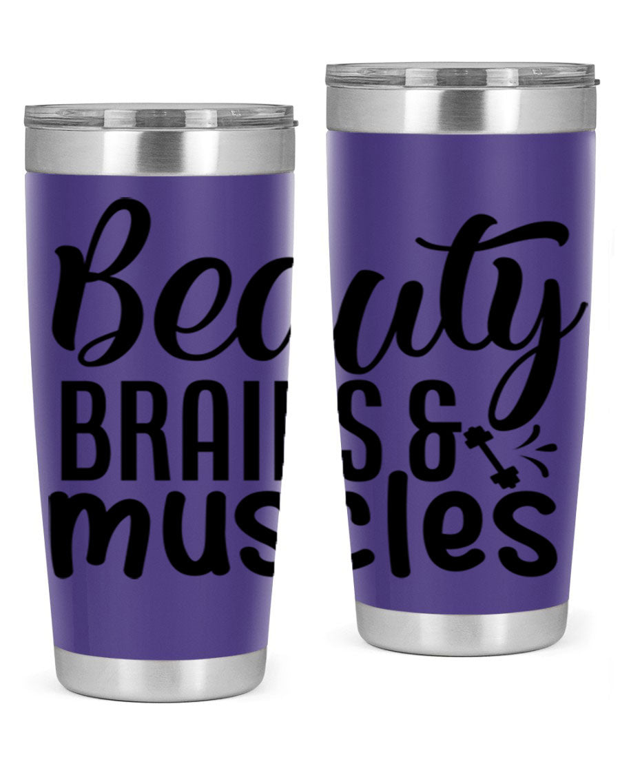 Beauty Brains Muscles 51# Gym Tumbler in stainless steel with a motivational design, perfect for hot and cold beverages.