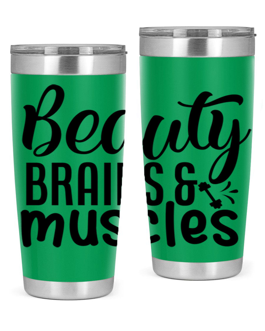 Beauty Brains Muscles 51# Gym Tumbler in stainless steel with a motivational design, perfect for hot and cold beverages.