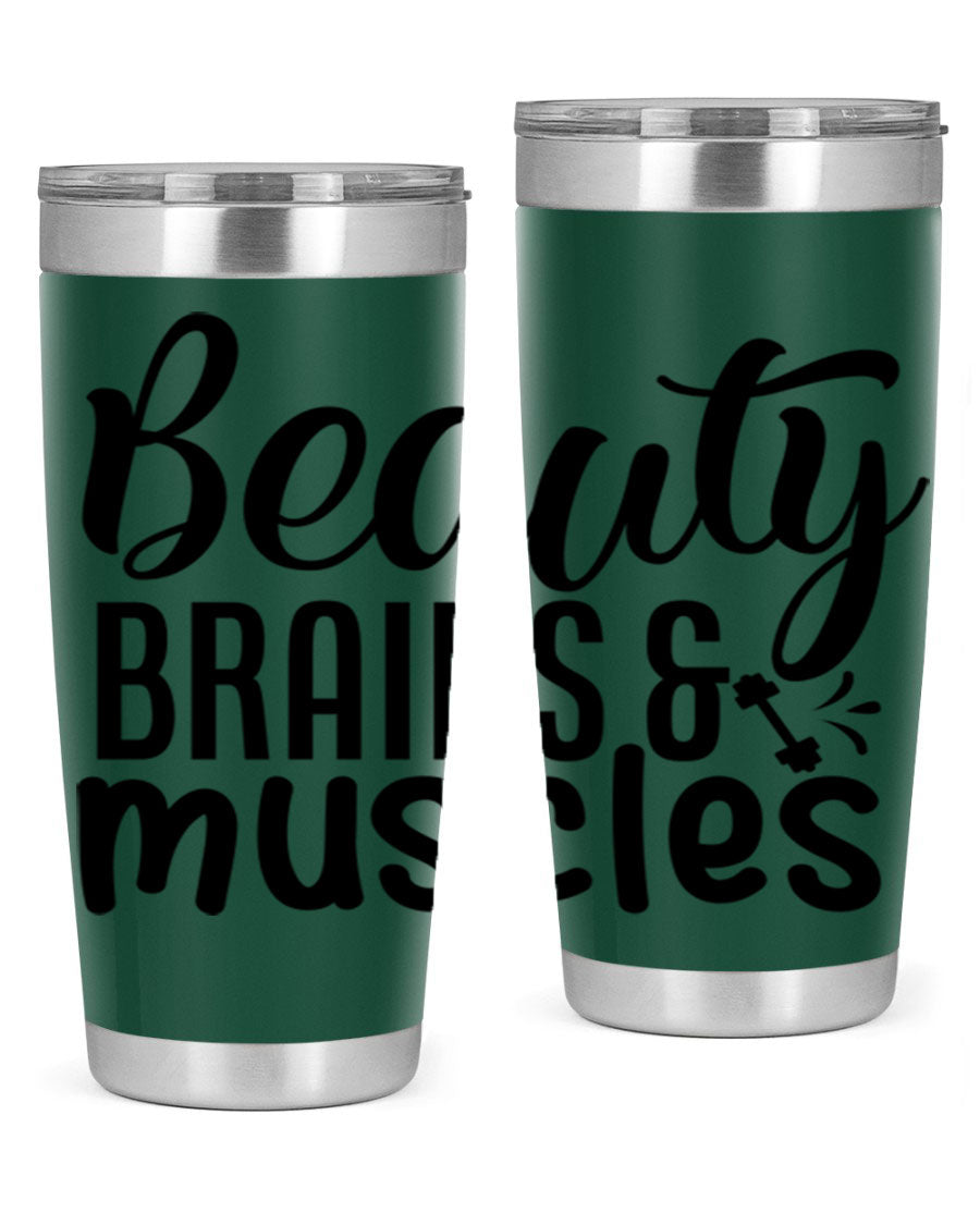 Beauty Brains Muscles 51# Gym Tumbler in stainless steel with a motivational design, perfect for hot and cold beverages.