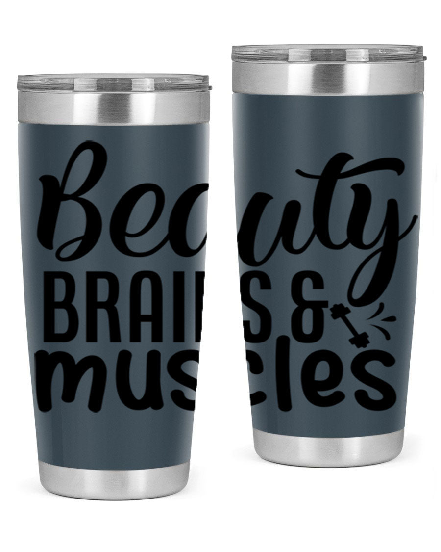 Beauty Brains Muscles 51# Gym Tumbler in stainless steel with a motivational design, perfect for hot and cold beverages.