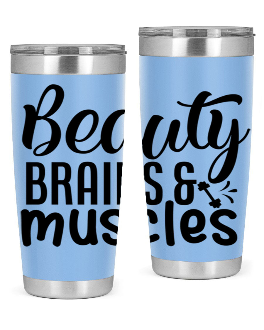 Beauty Brains Muscles 51# Gym Tumbler in stainless steel with a motivational design, perfect for hot and cold beverages.