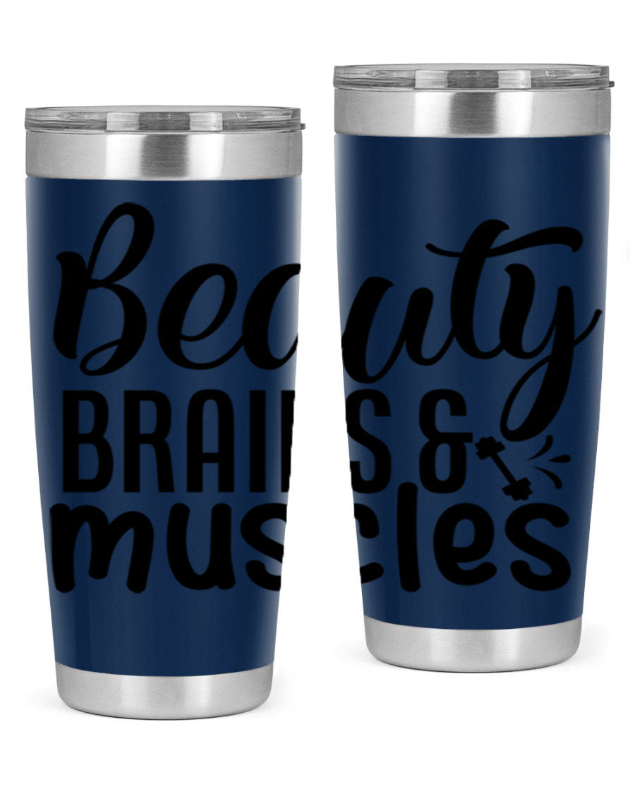 Beauty Brains Muscles 51# Gym Tumbler in stainless steel with a motivational design, perfect for hot and cold beverages.