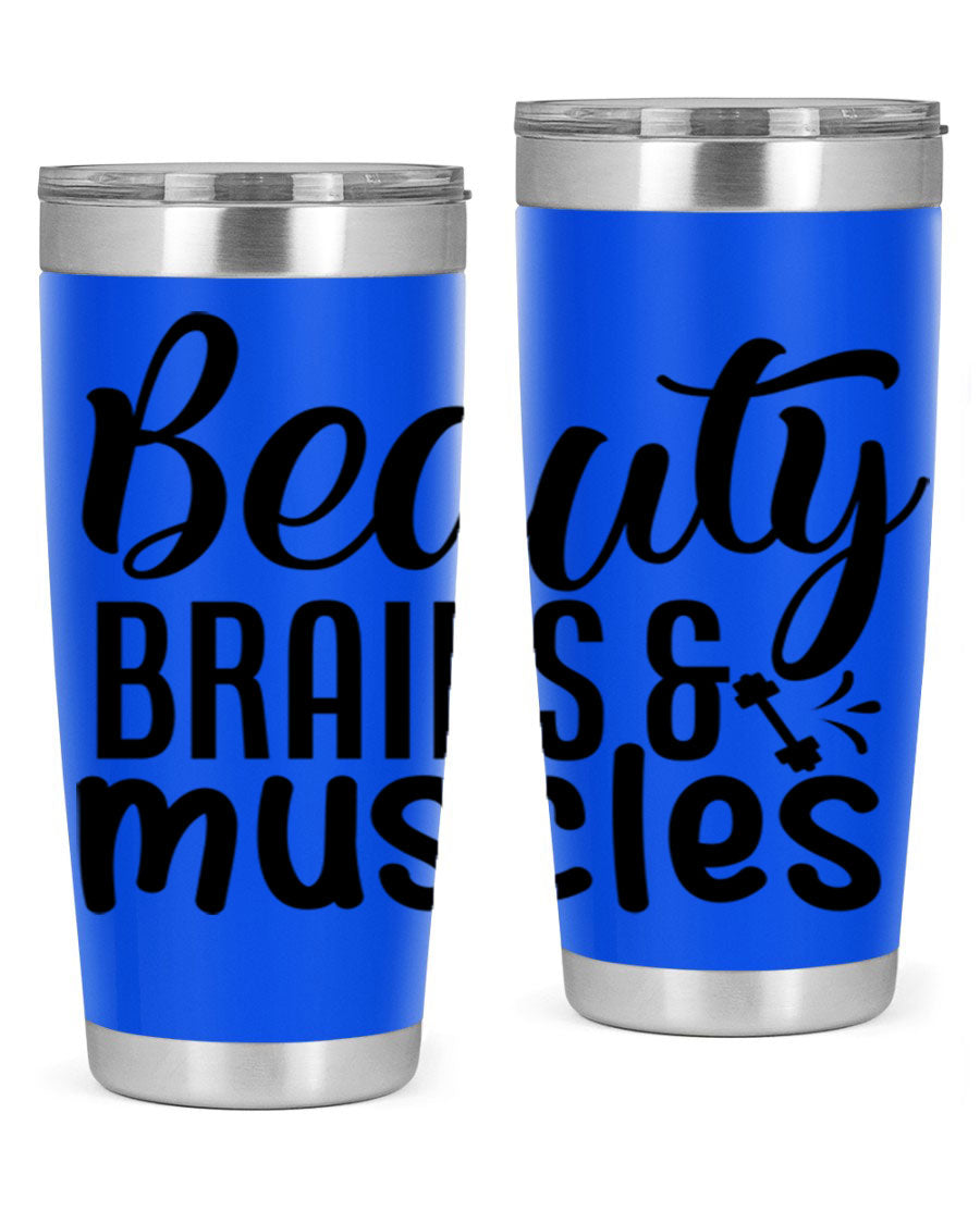 Beauty Brains Muscles 51# Gym Tumbler in stainless steel with a motivational design, perfect for hot and cold beverages.