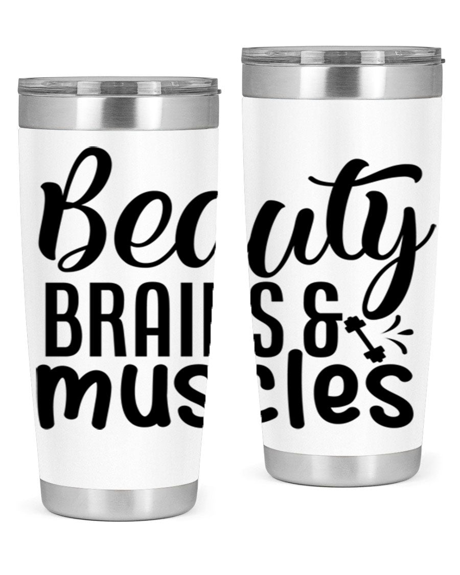 Beauty Brains Muscles 51# Gym Tumbler in stainless steel with a motivational design, perfect for hot and cold beverages.