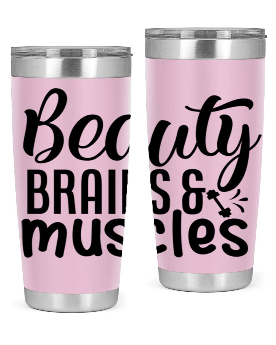Beauty Brains Muscles 51# Gym Tumbler in stainless steel with a motivational design, perfect for hot and cold beverages.