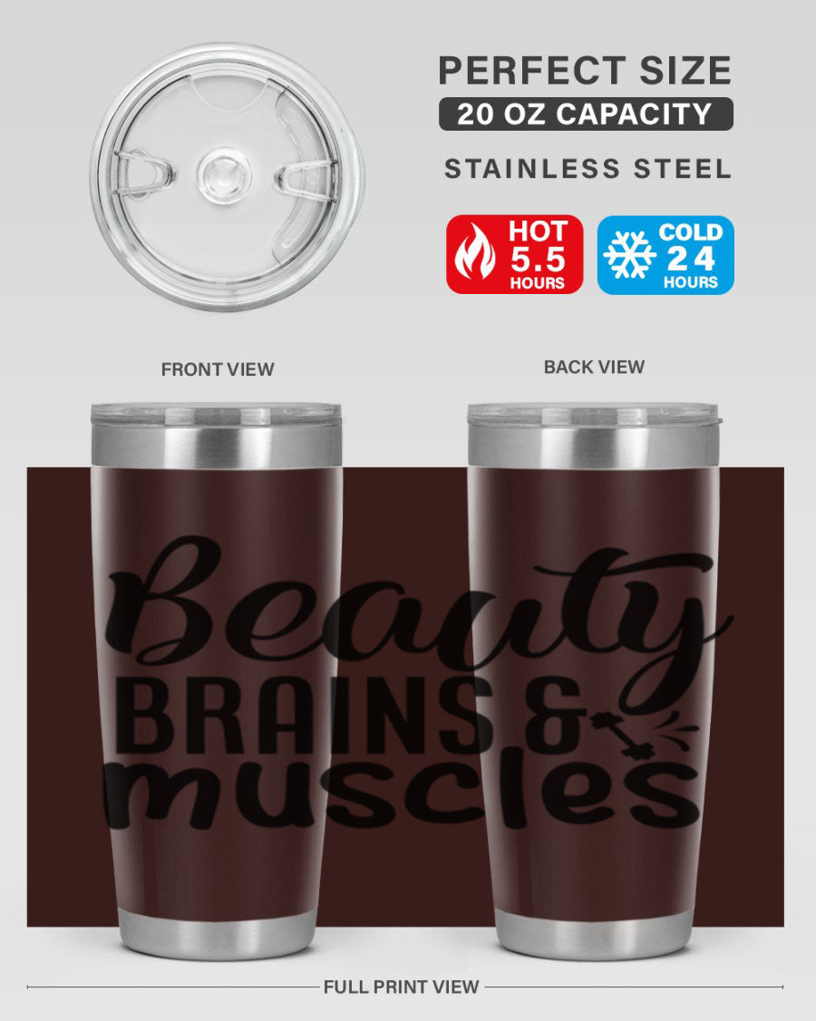 Beauty Brains Muscles 51# Gym Tumbler in stainless steel with a motivational design, perfect for hot and cold beverages.
