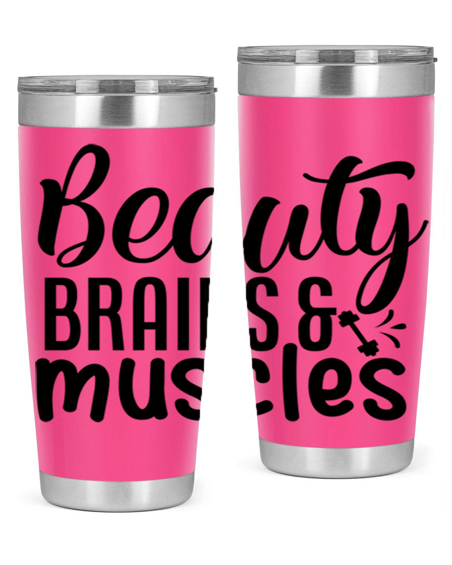 Beauty Brains Muscles 51# Gym Tumbler in stainless steel with a motivational design, perfect for hot and cold beverages.