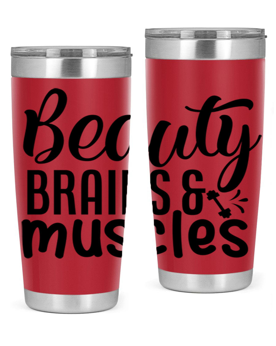 Beauty Brains Muscles 51# Gym Tumbler in stainless steel with a motivational design, perfect for hot and cold beverages.