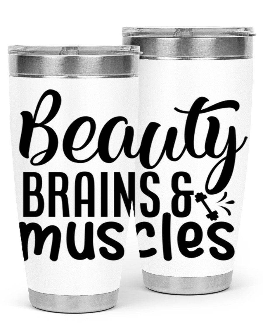 Beauty Brains Muscles 51# Gym Tumbler in stainless steel with a motivational design, perfect for hot and cold beverages.