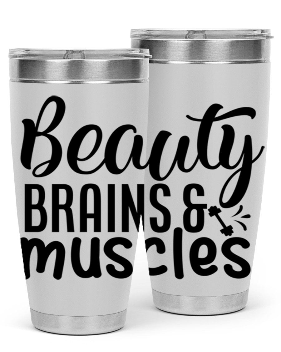 Beauty Brains Muscles 51# Gym Tumbler in stainless steel with a motivational design, perfect for hot and cold beverages.