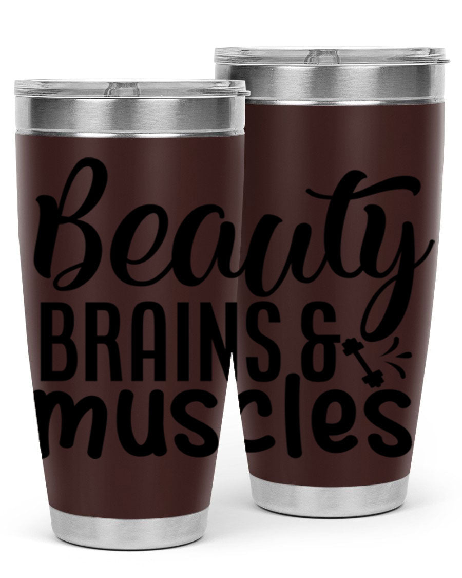 Beauty Brains Muscles 51# Gym Tumbler in stainless steel with a motivational design, perfect for hot and cold beverages.