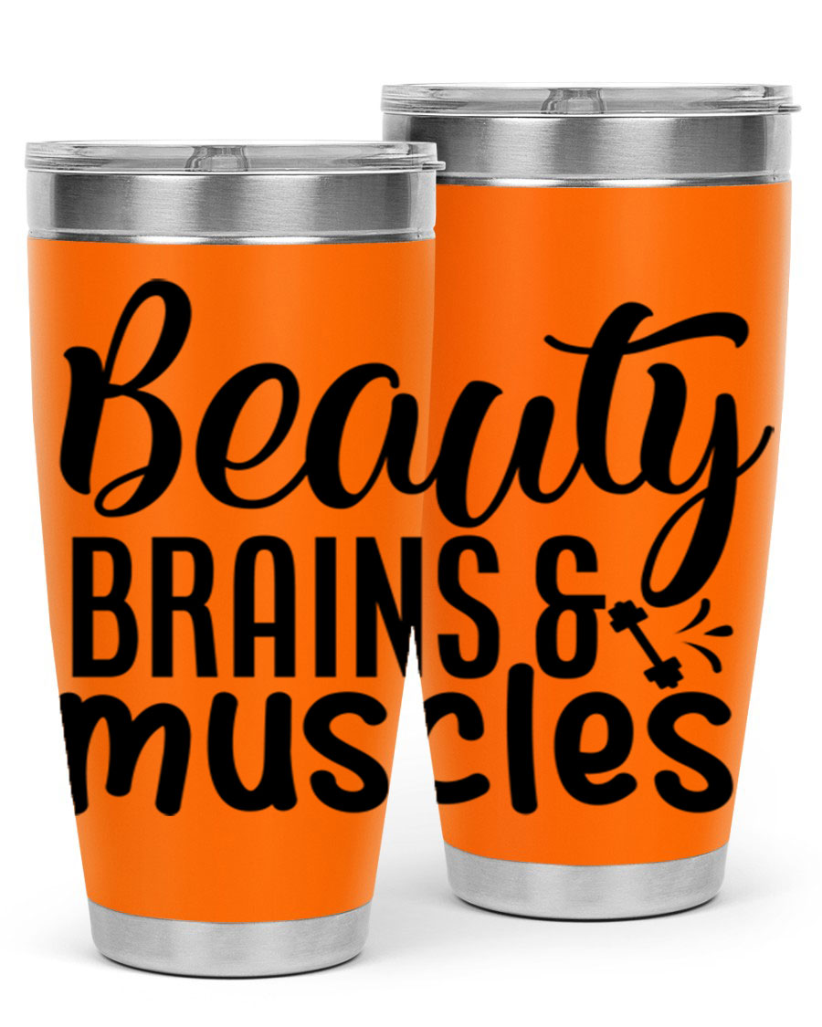 Beauty Brains Muscles 51# Gym Tumbler in stainless steel with a motivational design, perfect for hot and cold beverages.