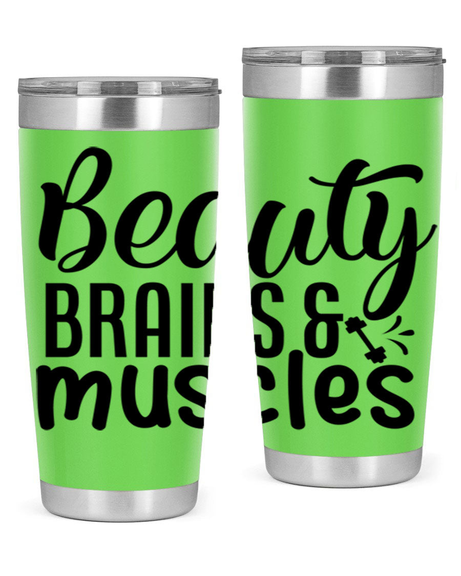 Beauty Brains Muscles 51# Gym Tumbler in stainless steel with a motivational design, perfect for hot and cold beverages.