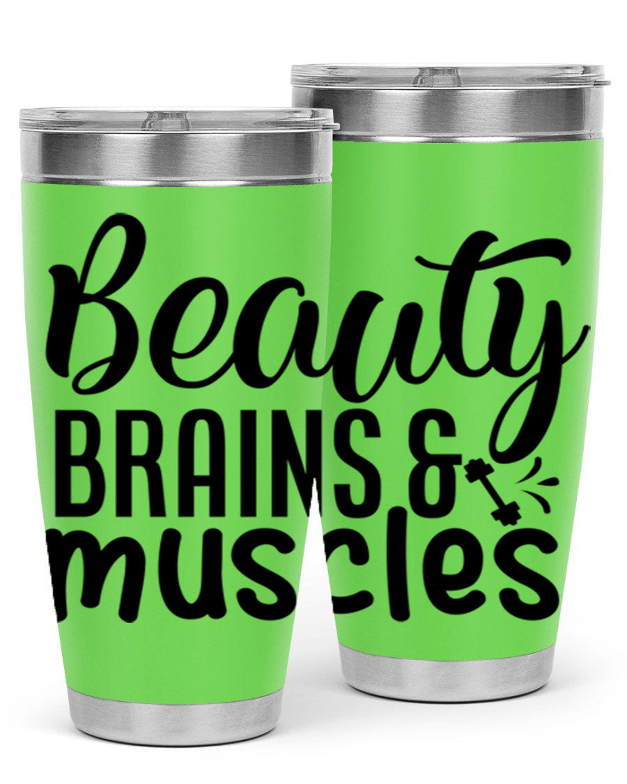 Beauty Brains Muscles 51# Gym Tumbler in stainless steel with a motivational design, perfect for hot and cold beverages.
