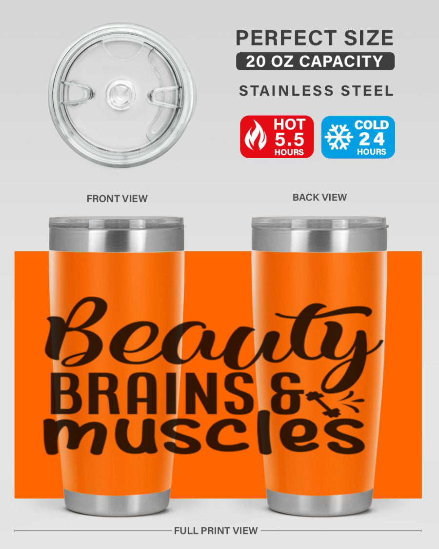 Beauty Brains Muscles 51# Gym Tumbler in stainless steel with a motivational design, perfect for hot and cold beverages.