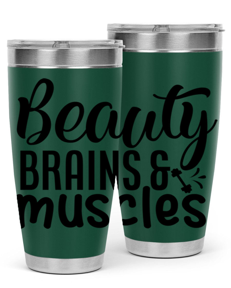 Beauty Brains Muscles 51# Gym Tumbler in stainless steel with a motivational design, perfect for hot and cold beverages.
