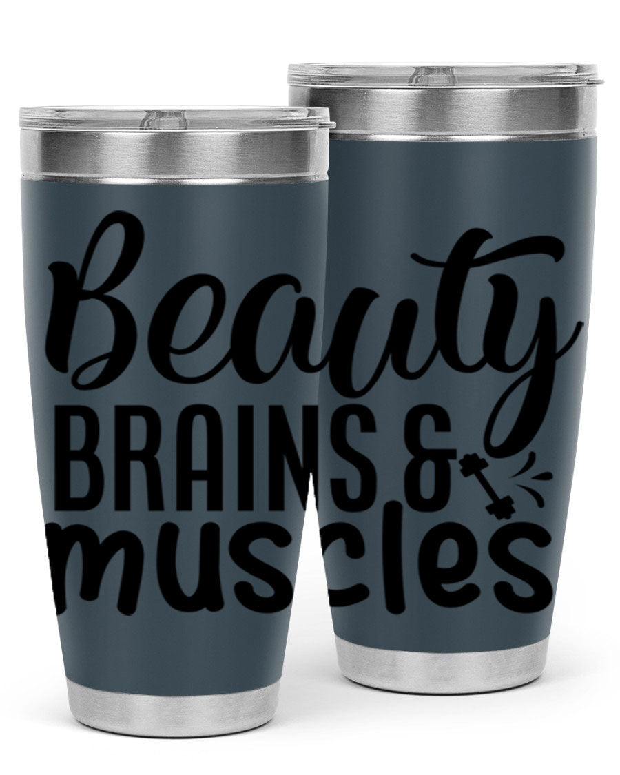 Beauty Brains Muscles 51# Gym Tumbler in stainless steel with a motivational design, perfect for hot and cold beverages.