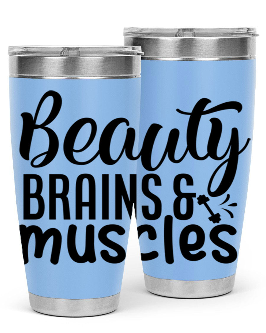 Beauty Brains Muscles 51# Gym Tumbler in stainless steel with a motivational design, perfect for hot and cold beverages.