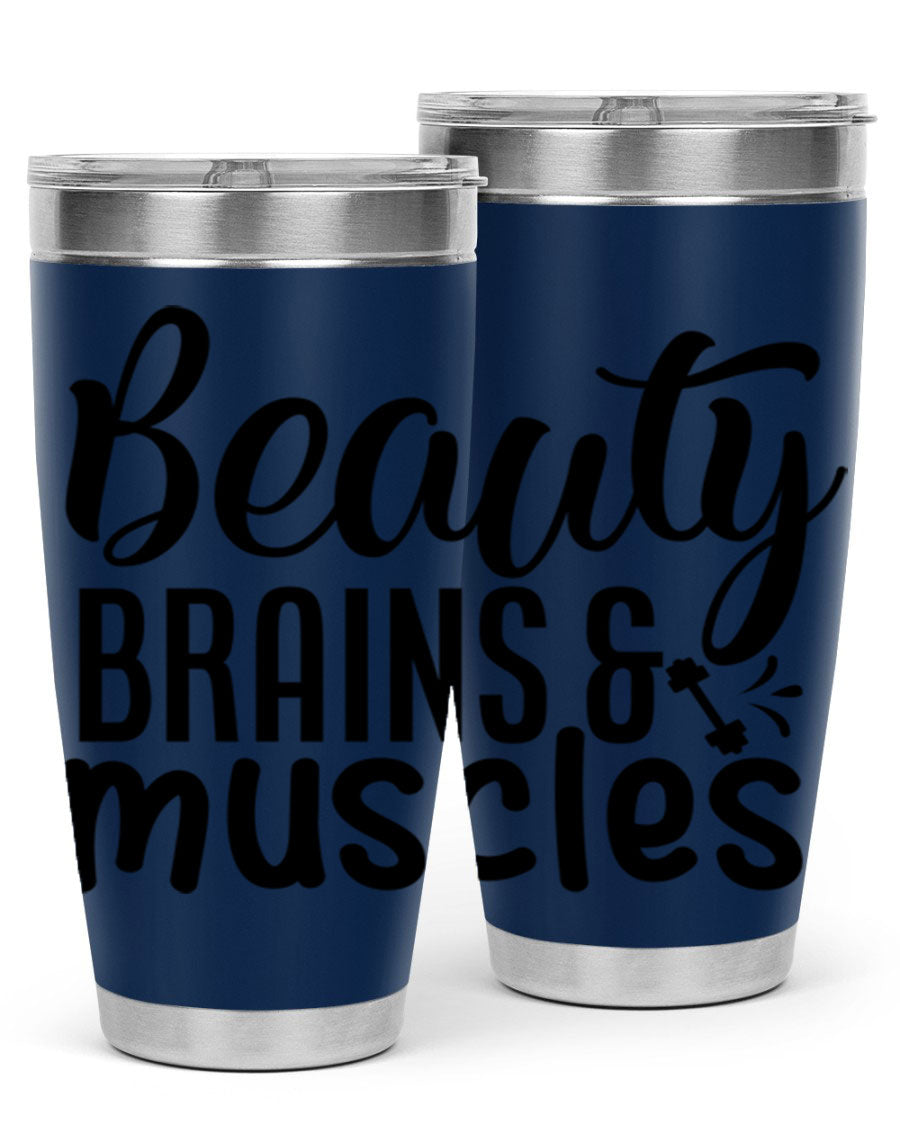 Beauty Brains Muscles 51# Gym Tumbler in stainless steel with a motivational design, perfect for hot and cold beverages.