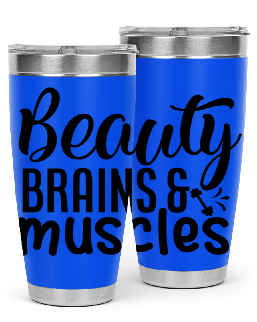 Beauty Brains Muscles 51# Gym Tumbler in stainless steel with a motivational design, perfect for hot and cold beverages.